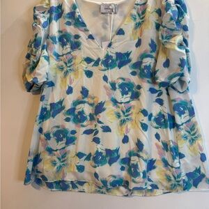 Adrienne Blue and Yellow Floral Puff Sleeve Blouse